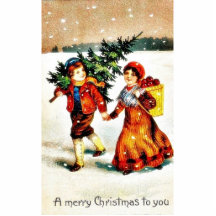 Christmas greeting with a boy carrying christmas t cut outs