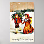 Christmas greeting with a boy carrying christmas t poster