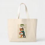Christmas greeting with a boy hugs a girl canvas bag