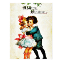 Christmas greeting with a boy hugs a girl postcard