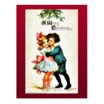 Christmas greeting with a boy hugs a girl postcards