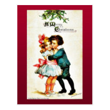 Christmas greeting with a boy hugs a girl postcards