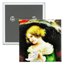 Christmas greeting with a girl holds a paper and s pinback buttons