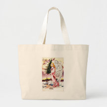 Christmas greeting with an angel carrying christma tote bag