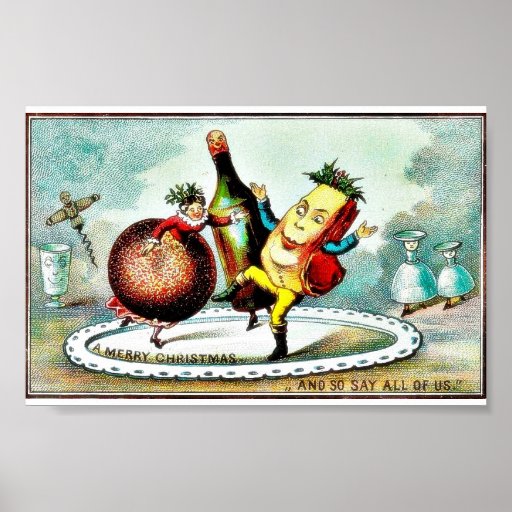 Christmas greeting with cartoon of wines and fruit poster