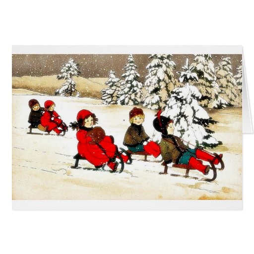 Christmas greeting with kids snow slading greeting cards