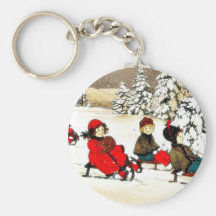 Christmas greeting with kids snow slading key chain