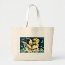 Christmas greeting with two angels huging bag