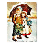 Christmas greeting with with a boy and girl under postcard