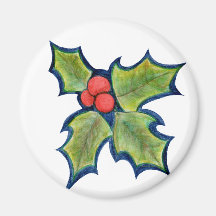 Christmas Holly Leaves, Red Berries Fridge Magnet