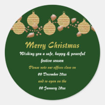 Christmas office premises closed from to peace round sticker