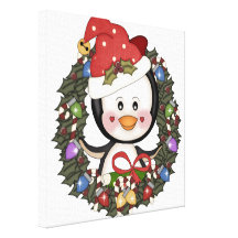 Christmas Penguin Holiday Wreath Gallery Wrapped Canvas