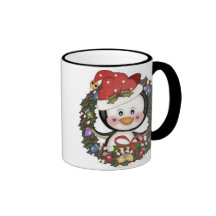 Christmas Penguin Holiday Wreath Coffee Mugs