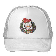 Christmas Penguin Holiday Wreath Mesh Hat