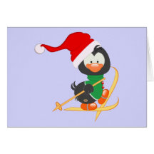 Christmas Penguin Skiing Greeting Card