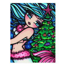 Christmas Tree Snow Mermaid Fantasy Art Postcard
