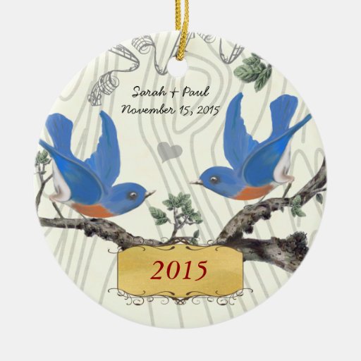 Christmas Vintage Bluebirds on Wood Grain Christmas Tree Ornament
