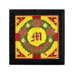Christmas Wreath Poinsettia Red Gold Monogram Trinket Box