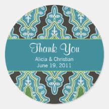 Classy Damask Turquoise Thank You Labels Sticker