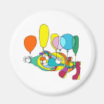 Clown flying by balloon fridge magnet