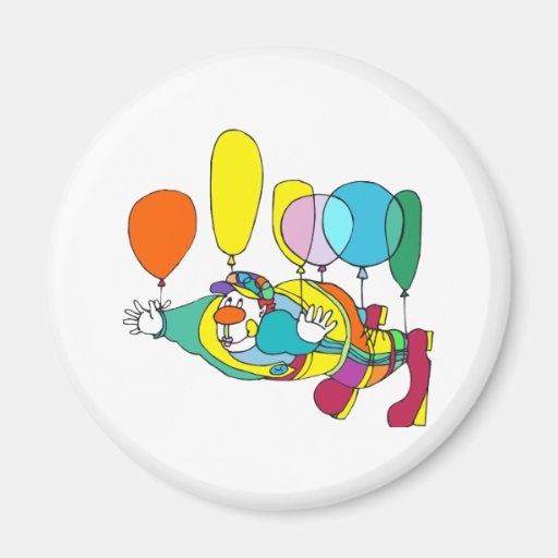 Clown flying by balloon fridge magnet