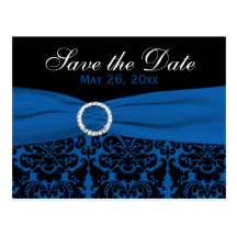 Cobalt Blue and Black Damask Save the Date Card Post Cards