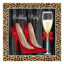 Cocktails Red High Heel Shoes Leopard Birthday Custom Invites