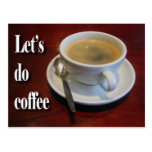 Coffee cup on wooden table post card