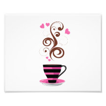 Coffee Cup Steam Swirls Hearts Pink Black Brown Photographic Print