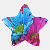 Colorful Hot Pink Teal Blue Gerber Daisies Flowers Star Stickers