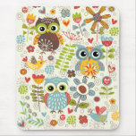 Colorful Owls and Flowers Happy Mousepad