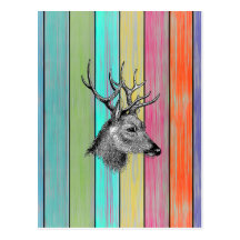 Colorful Wood Vintage Deer Head Post Cards