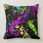 Colourful Neon Paint Splatters on Black Pillow