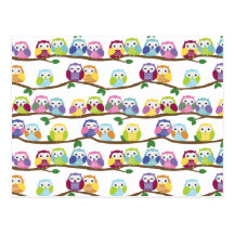 Colourful owls on a branch post card
