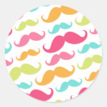 Colourful pink aqua trendy funny moustache pattern round sticker
