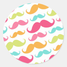 Colourful pink aqua trendy funny moustache pattern round sticker