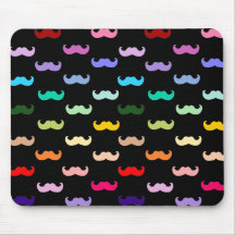 Colourful Rainbow Moustache pattern on black Mousemat
