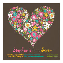 Colourful Spring Flowers Heart Love Birthday Invit