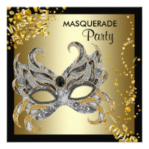 Confetti Mask Black Gold Masquerade Party Personalised Invite