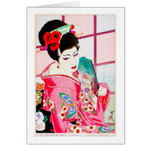 Cool japanese beauty Lady Geisha pink Fan art Cards