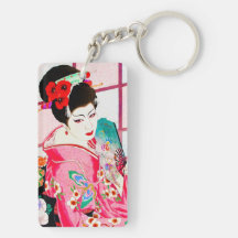 Cool japanese beauty Lady Geisha pink Fan art Rectangle Acrylic Keychains
