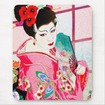Cool japanese beauty Lady Geisha pink Fan art Mouse Pad