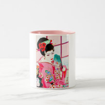 Cool japanese beauty Lady Geisha pink Fan art Mugs