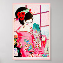Cool japanese beauty Lady Geisha pink Fan art Posters