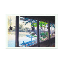 Cool japanese garden lake mountain scenery stretched canvas print