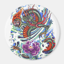 Cool Oriental Water Dragon Lotus Refrigerator Magnets