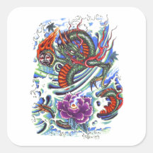 Cool Oriental Water Dragon Lotus Square Sticker