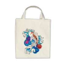 Cool Oriental White Koi Carp Fish Lotus Flowers Tote Bags