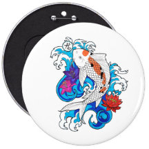 Cool Oriental White Koi Carp Fish Lotus Flowers Button