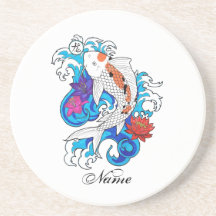 Cool Oriental White Koi Carp Fish Lotus Flowers Beverage Coasters